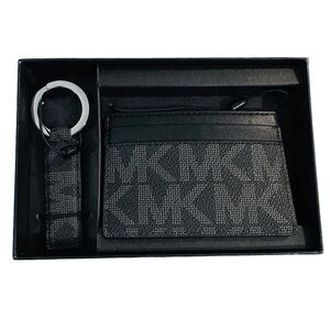 NWT Michael Kors Card Holder with Matching Keychain Black & Gray in box